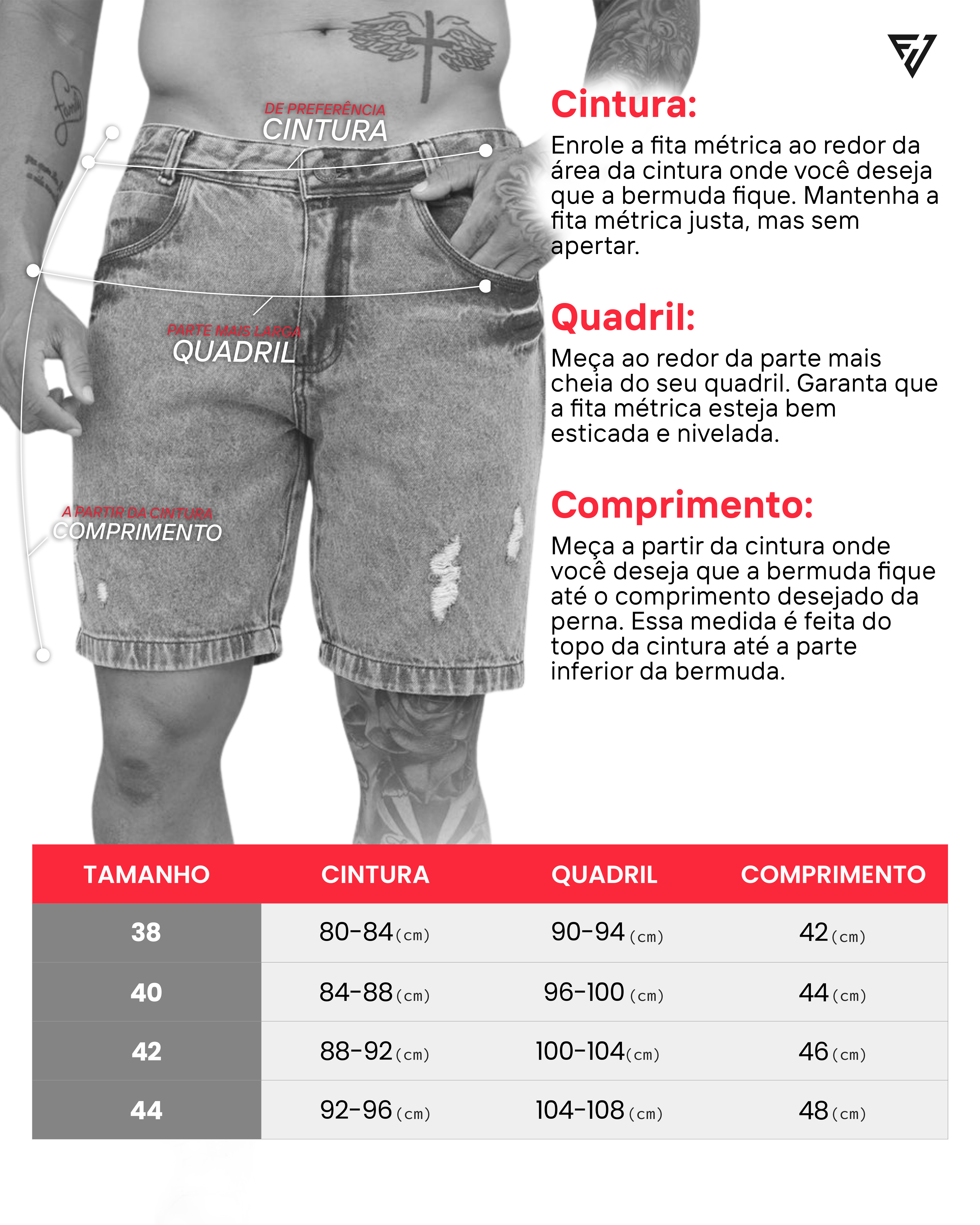 Tabela de medidas bermuda slim jeans